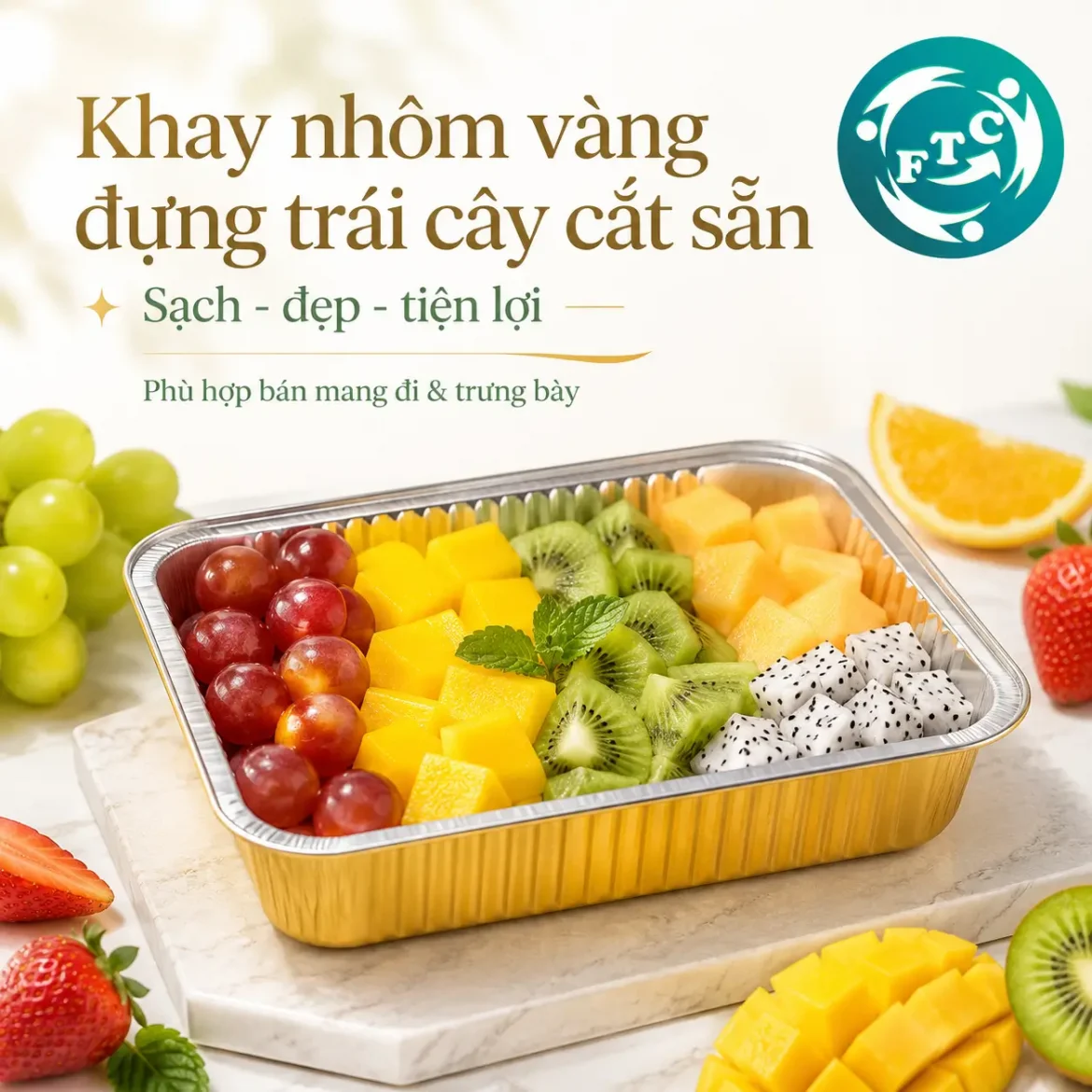 Khay nhôm vàng đựng trái cây cắt sẵn
