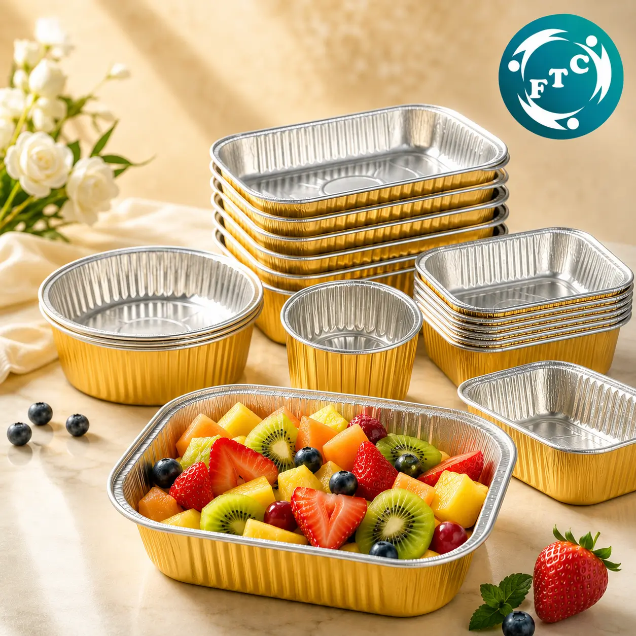 Một phần trái cây tươi ngon sẽ thêm nổi bật khi được đựng trong khay nhôm vàng
