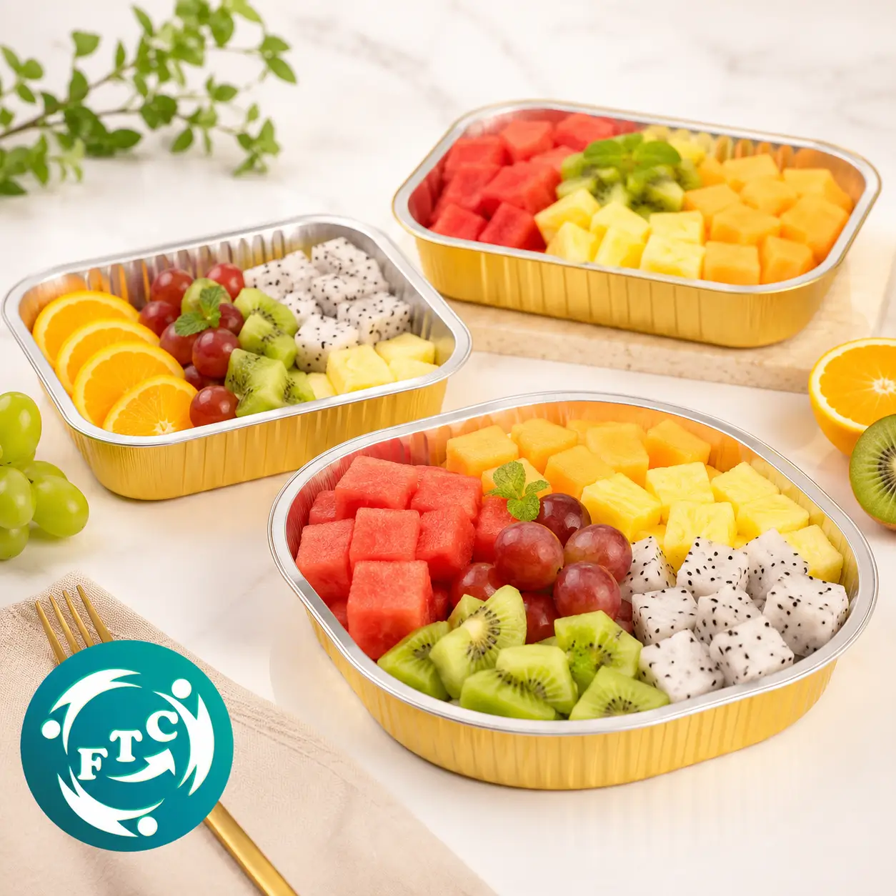 Khay nhôm vàng đựng trái cây cắt sẵn mang đến giải pháp đóng gói hiện đại cho thực phẩm tươi
