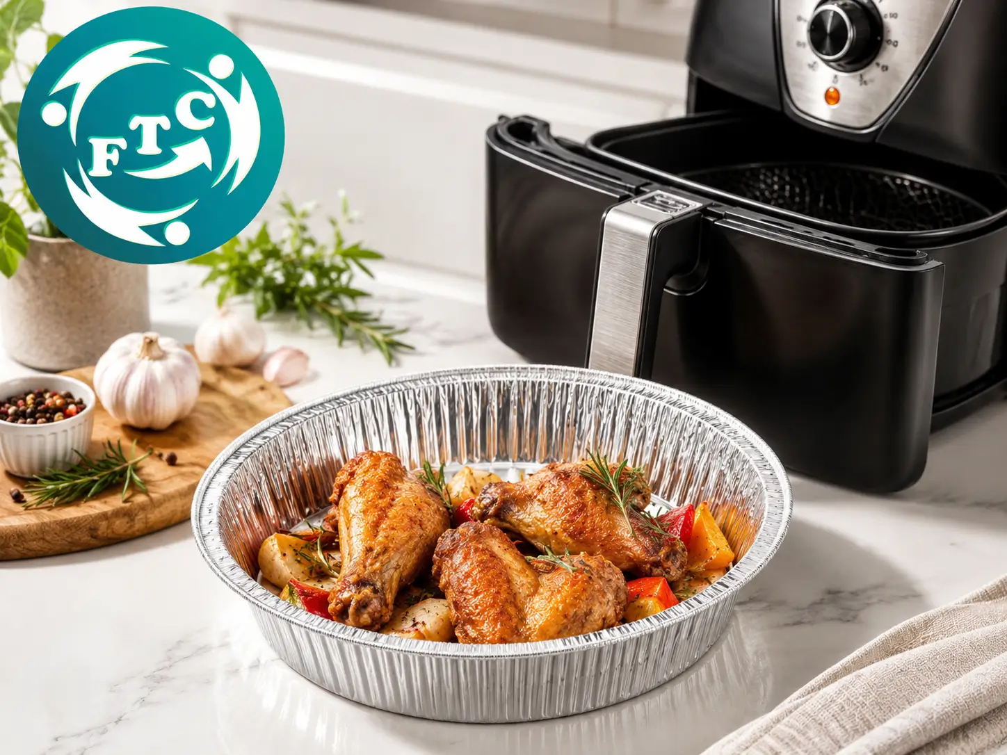 Từng món nướng được hoàn thiện gọn gàng hơn nhờ khay nhôm tròn lót nồi chiên dùng một lần